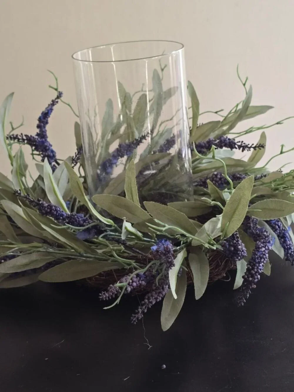 Lavender and Herb Table Ring Centerpiece with glass and battery-operated candle